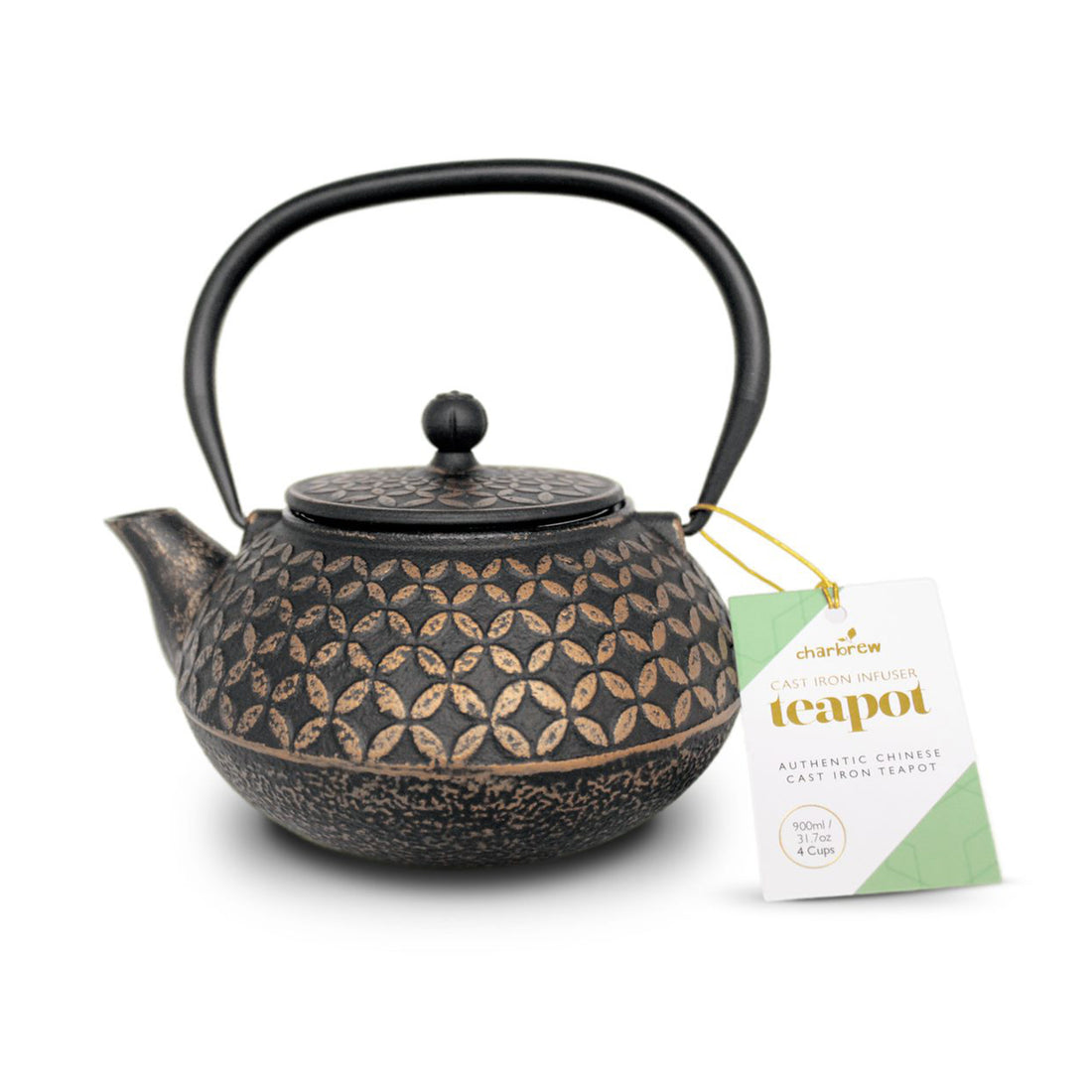 Chinese Black & Gold Cast Iron Kettle Teapot 900ml Charbrew Tea
