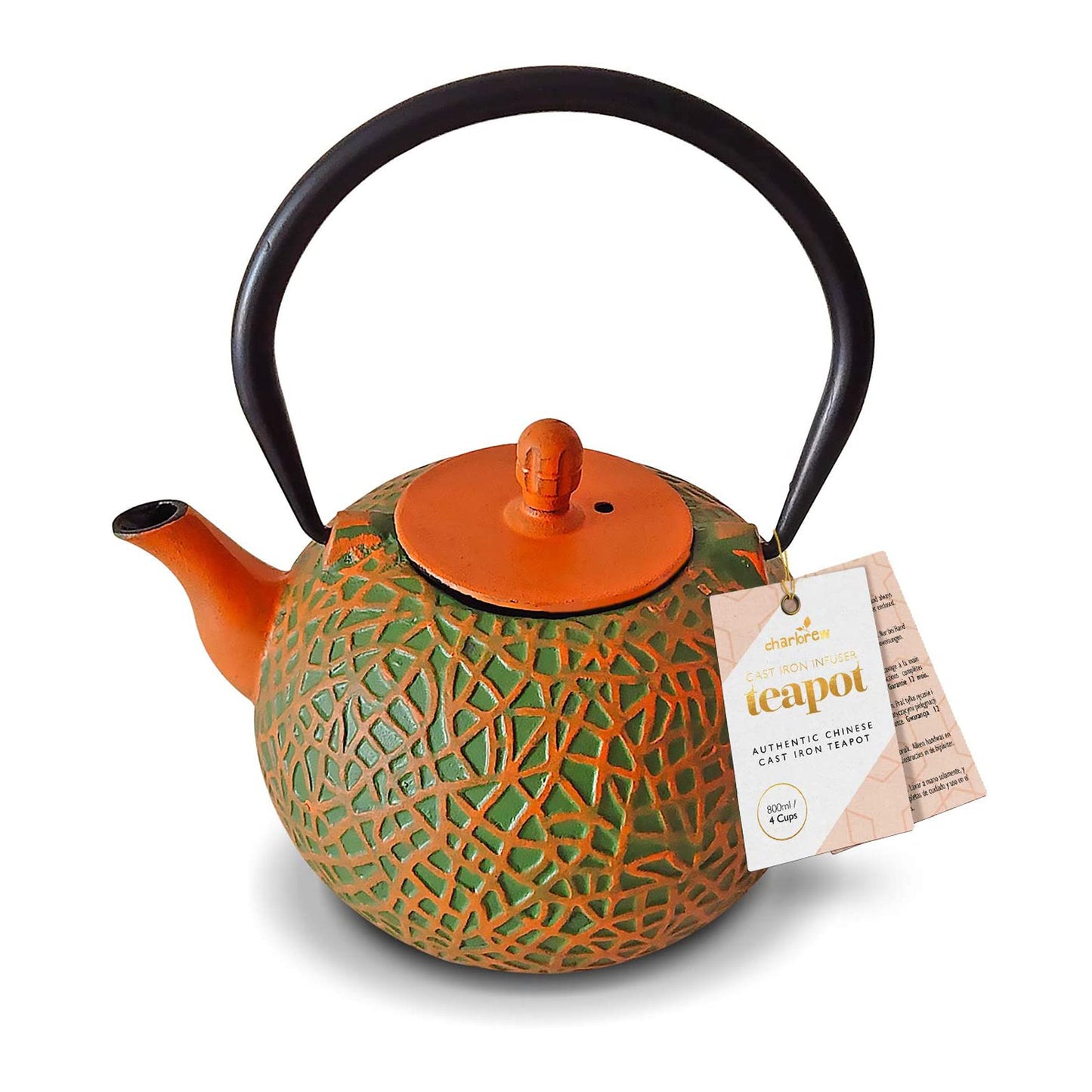 Traditional cast iron olive and orange teapot