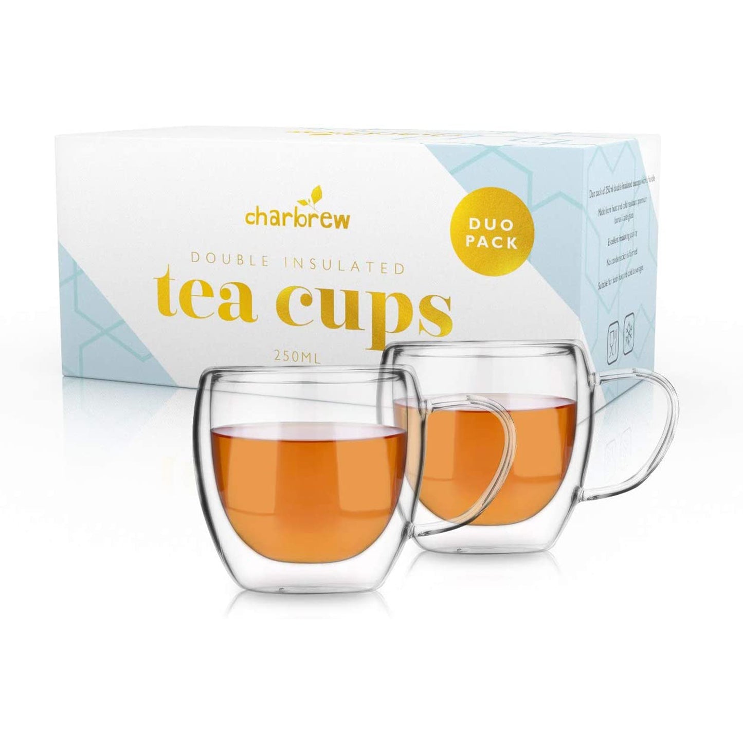 Duo Pack Double Walled Glass Thermo Tea Cups With Handle