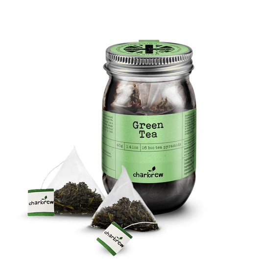 Green Tea Bags Mason Jar - 16 Biodegradable Pyramid Bags