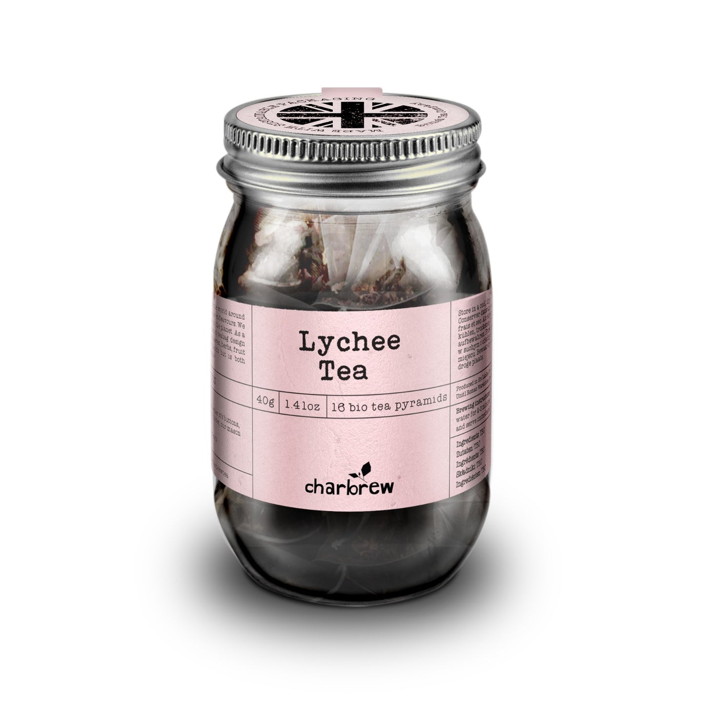 Lychee Tea Bags Mason Jar - 16 Biodegradable Pyramid Bags