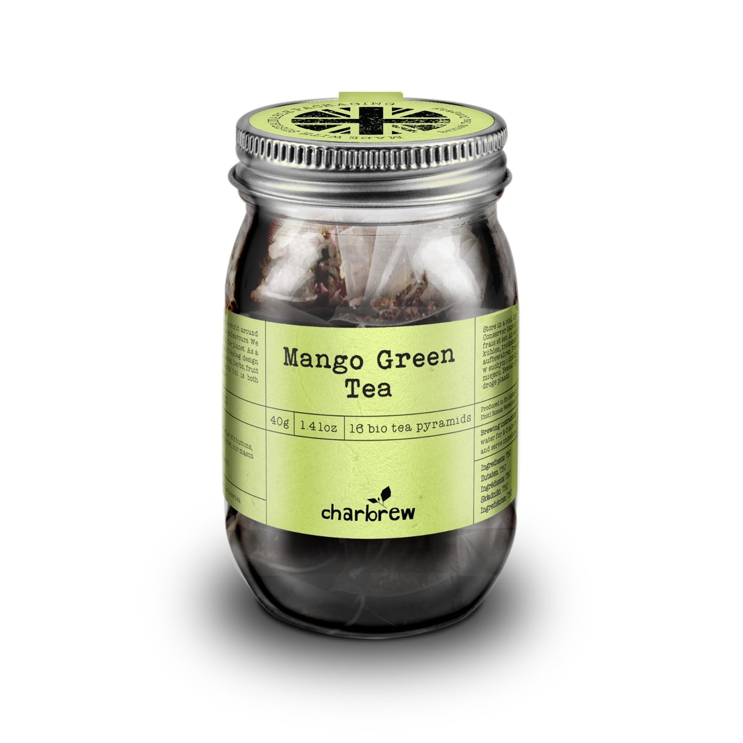 Mango Green Tea Bags Mason Jar - 16 Biodegradable Pyramid Bags