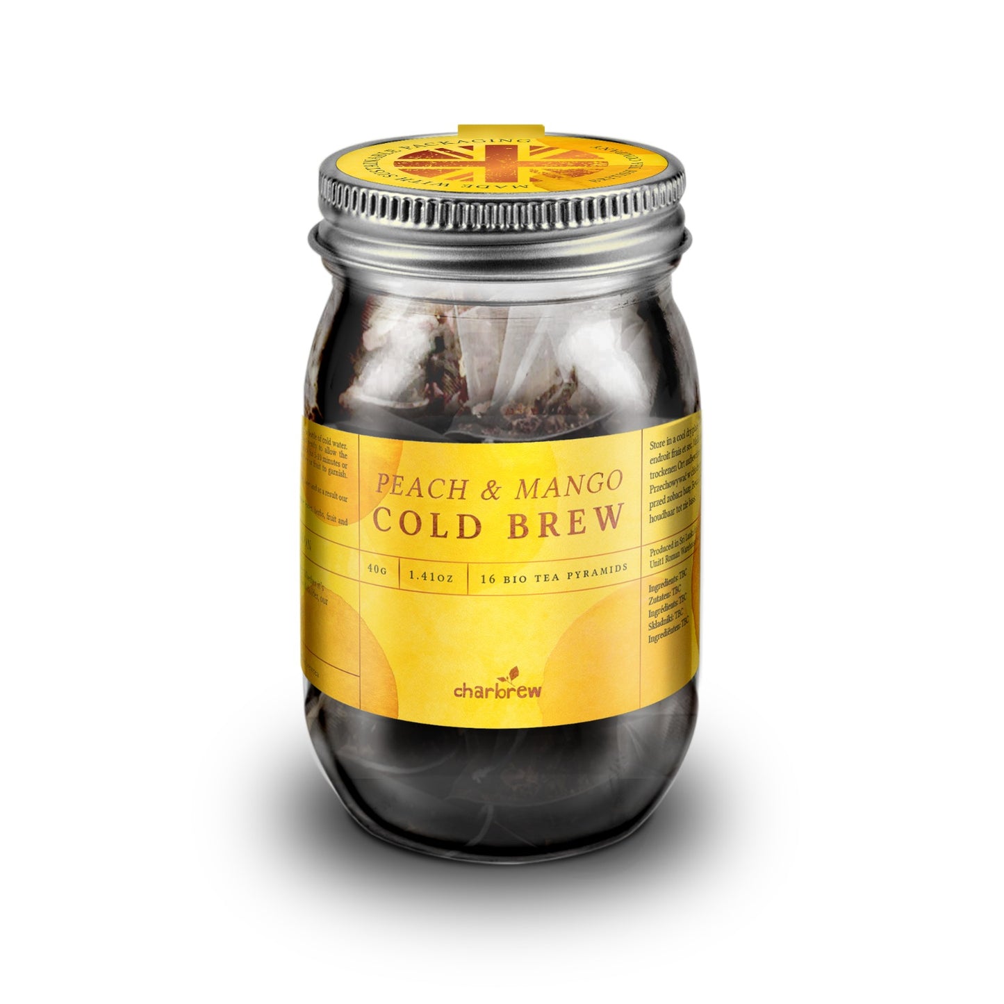 Peach & Mango Cold Brew Tea Bags Mason Jar - 16 Biodegradable Pyramid Bags