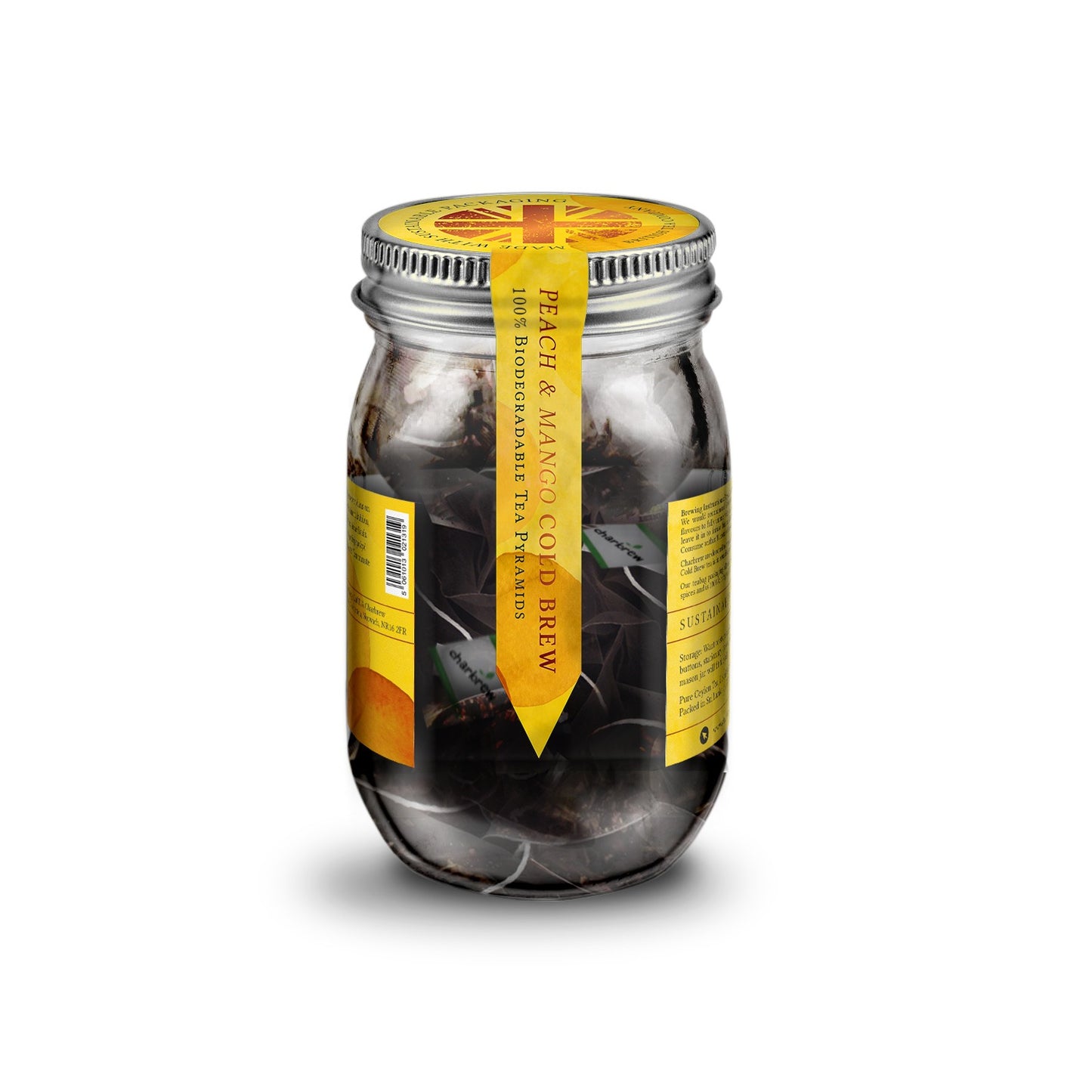 Peach & Mango Cold Brew Tea Bags Mason Jar - 16 Biodegradable Pyramid Bags