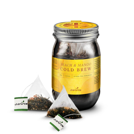 Peach & Mango Cold Brew Tea Bags Mason Jar - 16 Biodegradable Pyramid Bags