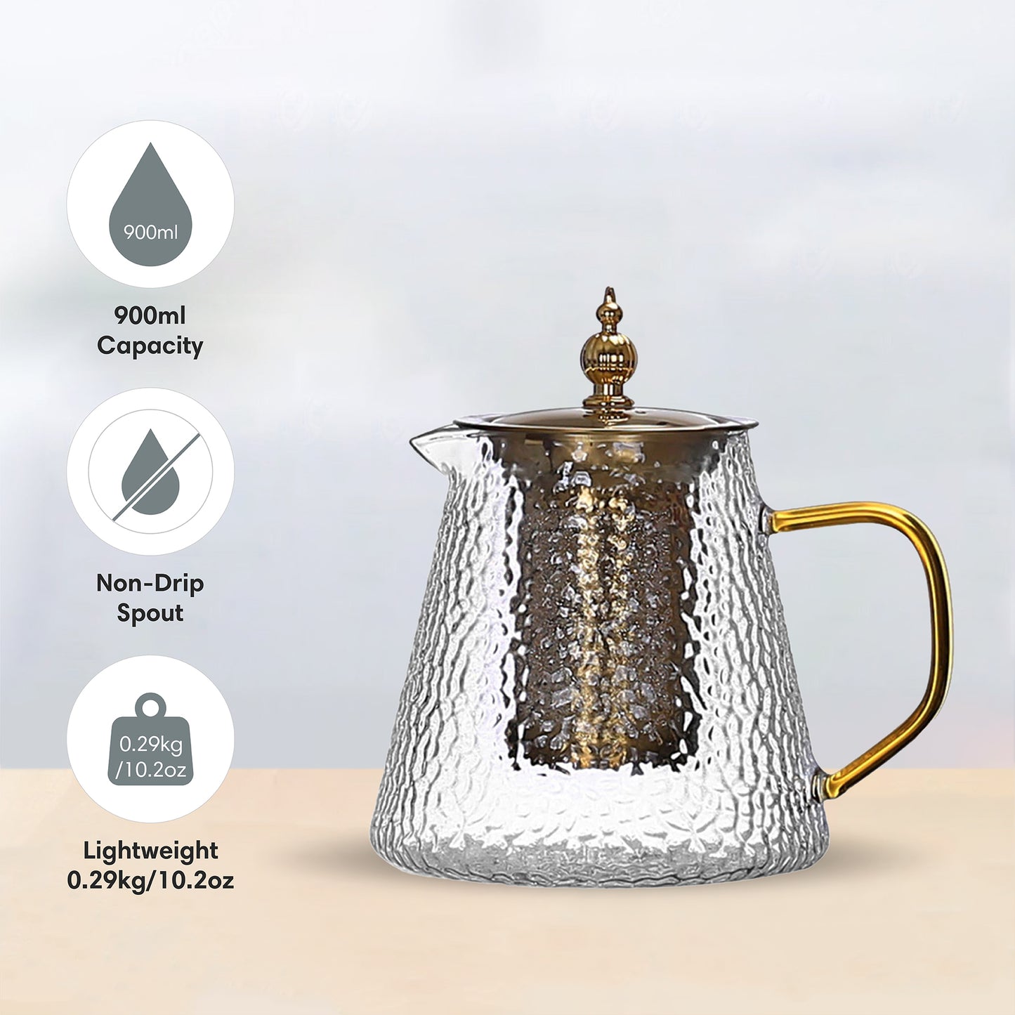 Gold Hammered Borosilicate Glass Teapot 900ml