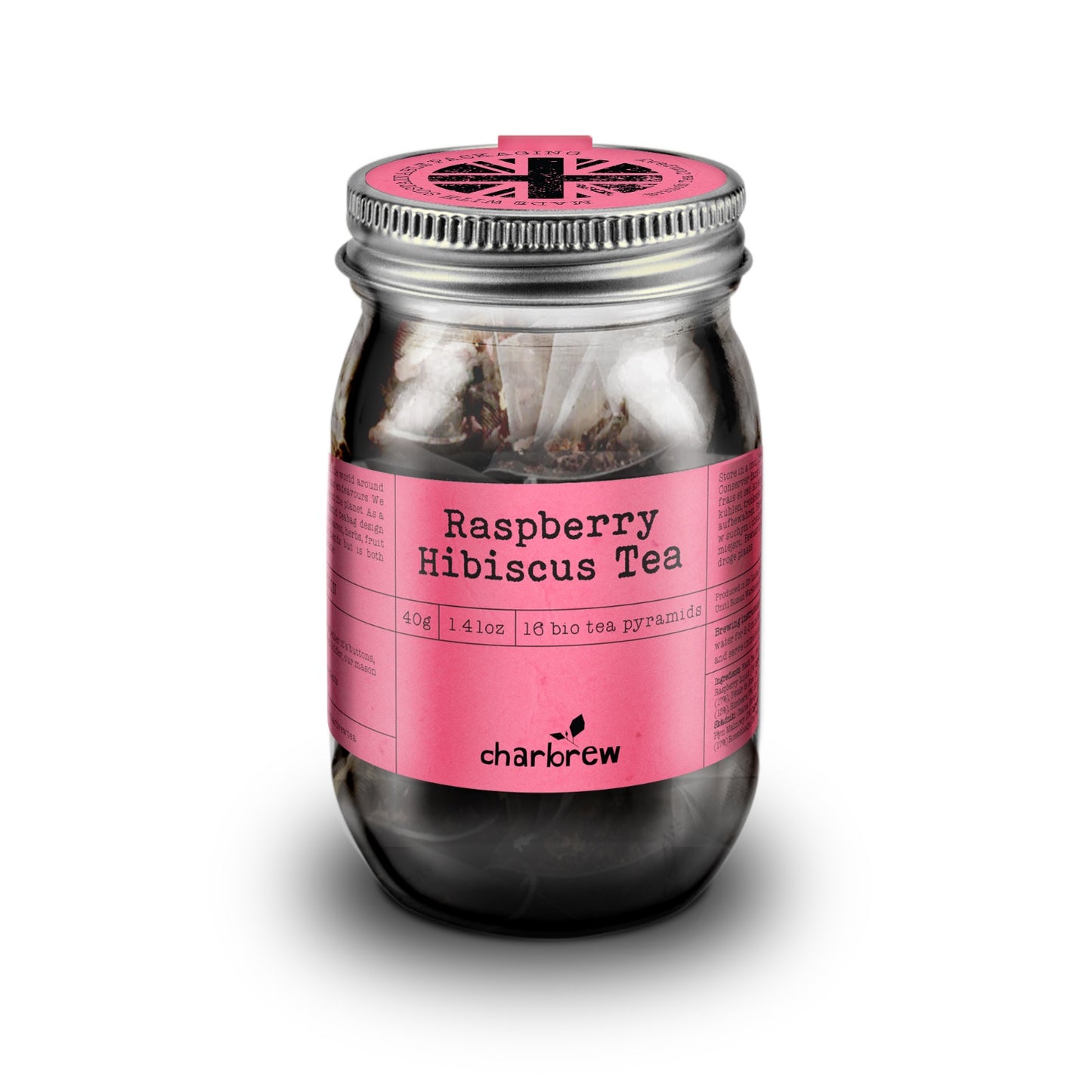 Raspberry Hibiscus Tea Bags Mason Jar - 16 Biodegradable Pyramid Bags