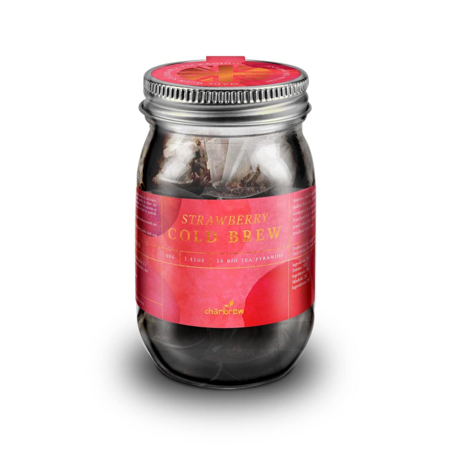 Strawberry Cold Brew Tea Bags Mason Jar - 16 Biodegradable Pyramid Bags