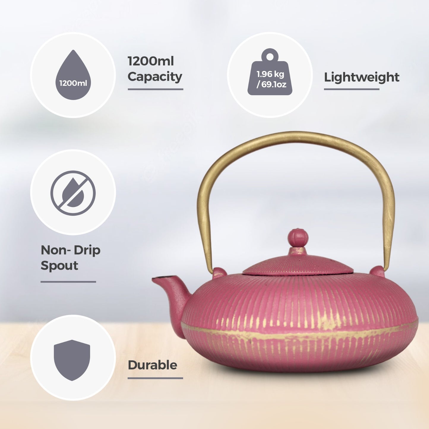 Chinese Pink Striped Cast Iron Teapot 1200ml