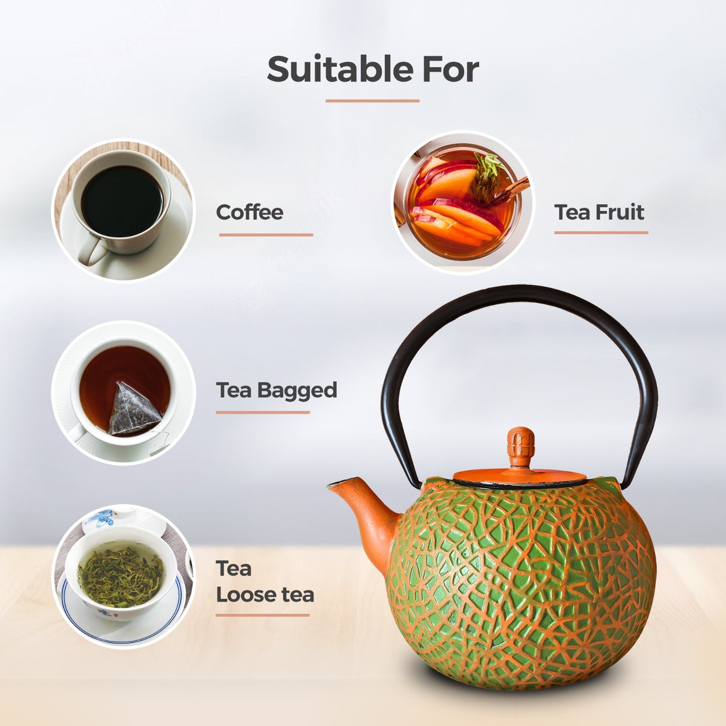 Chinese Olive & Orange Cast Iron Teapot 800ml