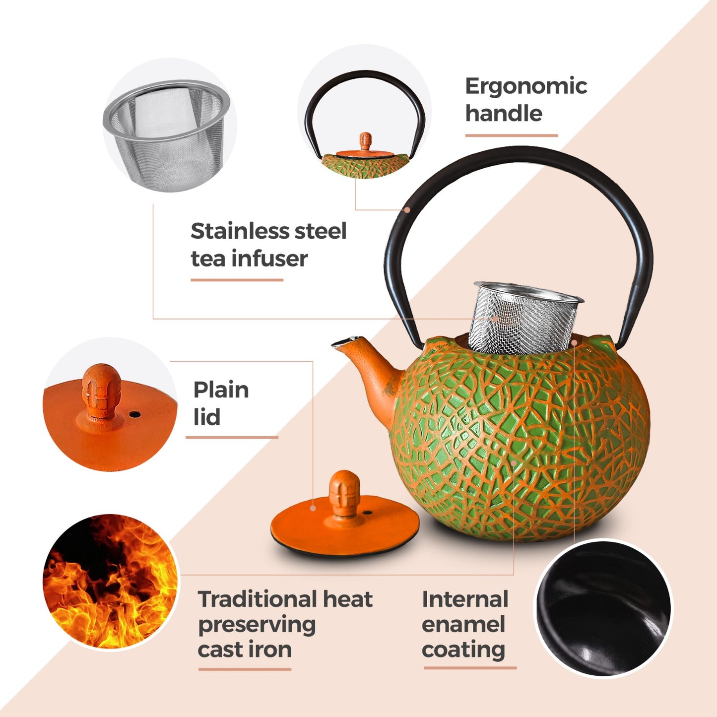 Chinese Olive & Orange Cast Iron Teapot 800ml