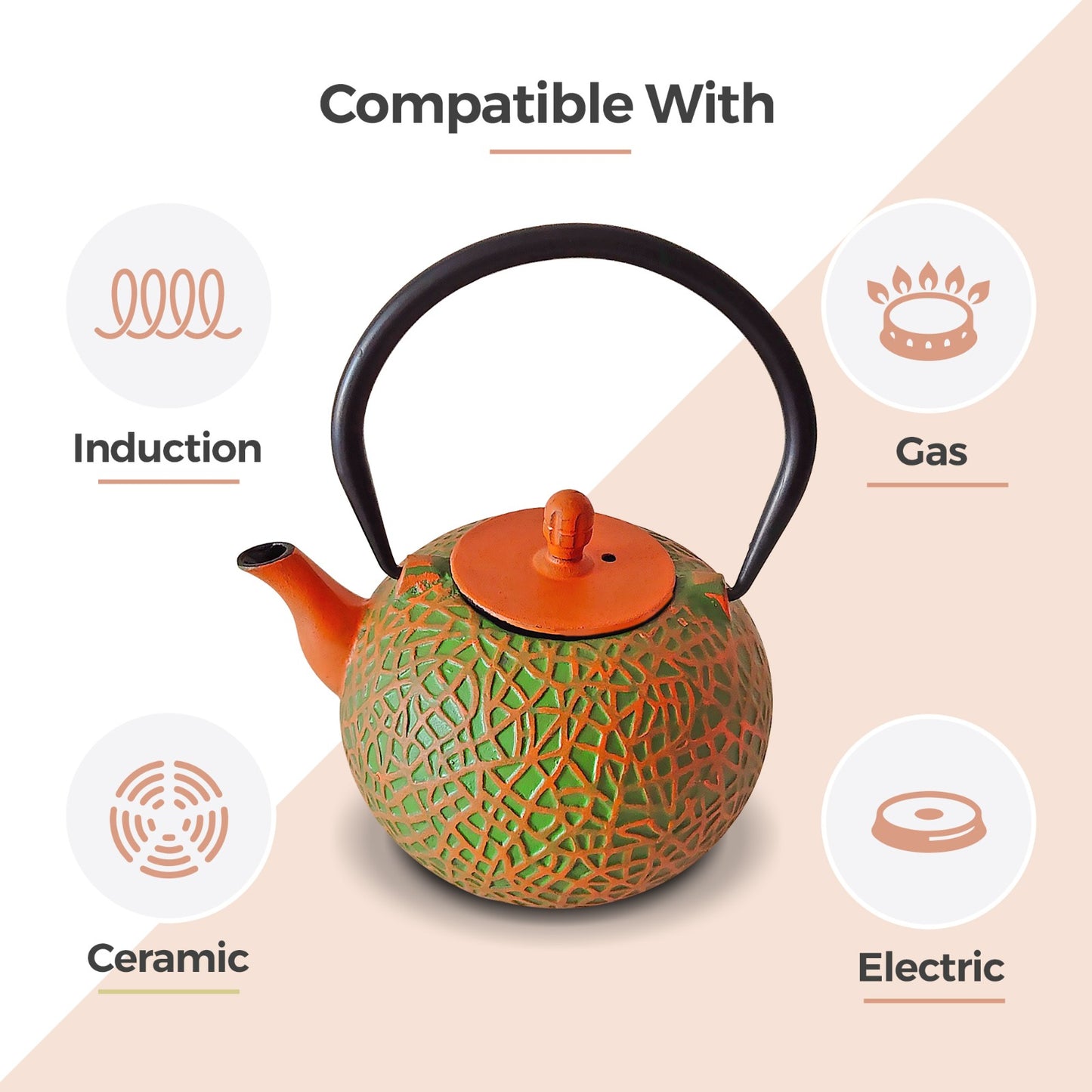 Chinese Olive & Orange Cast Iron Teapot 800ml