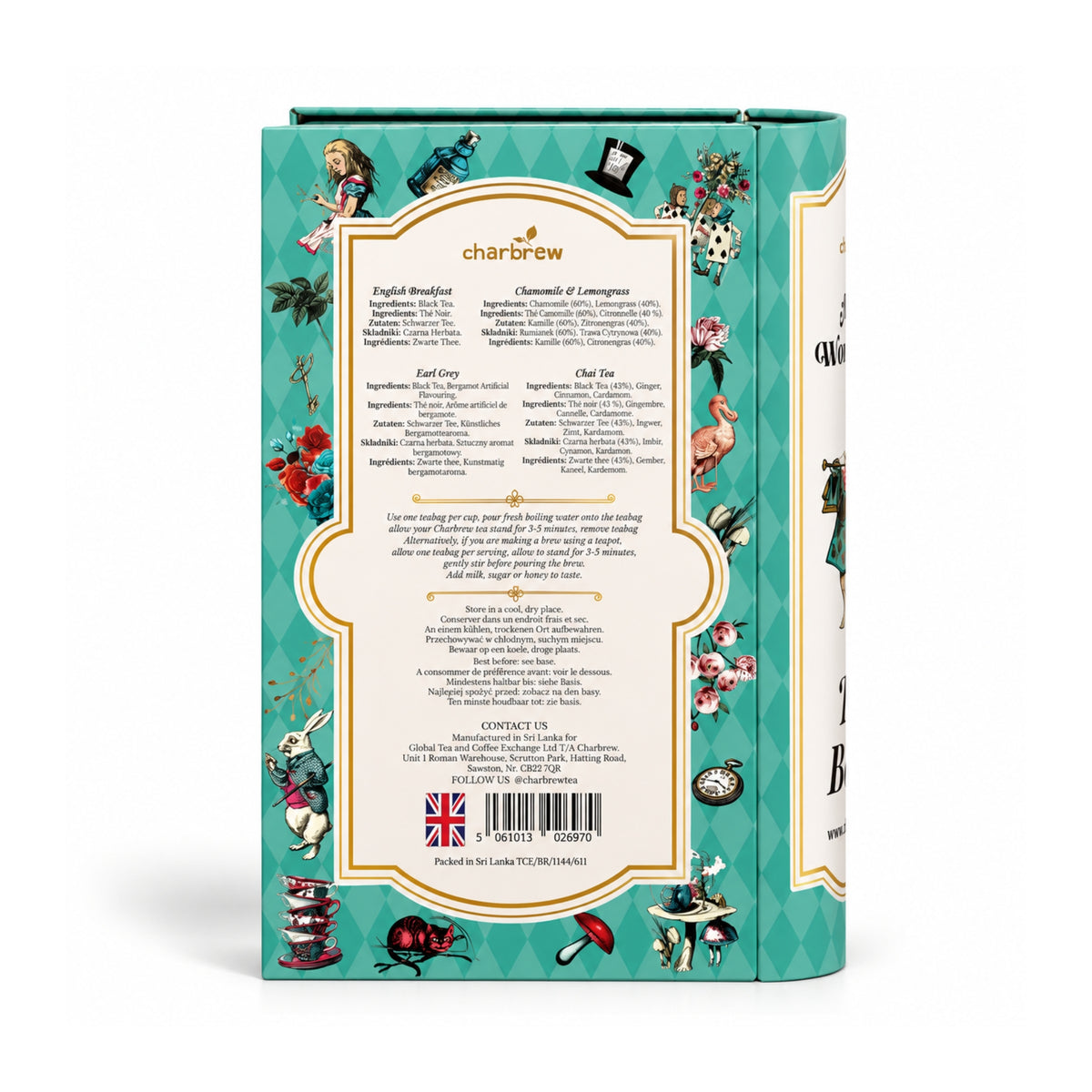 Back of Charbrew Alice in Wonderland Tea Book Tin showing ingredients, brewing instructions, storage information and product details