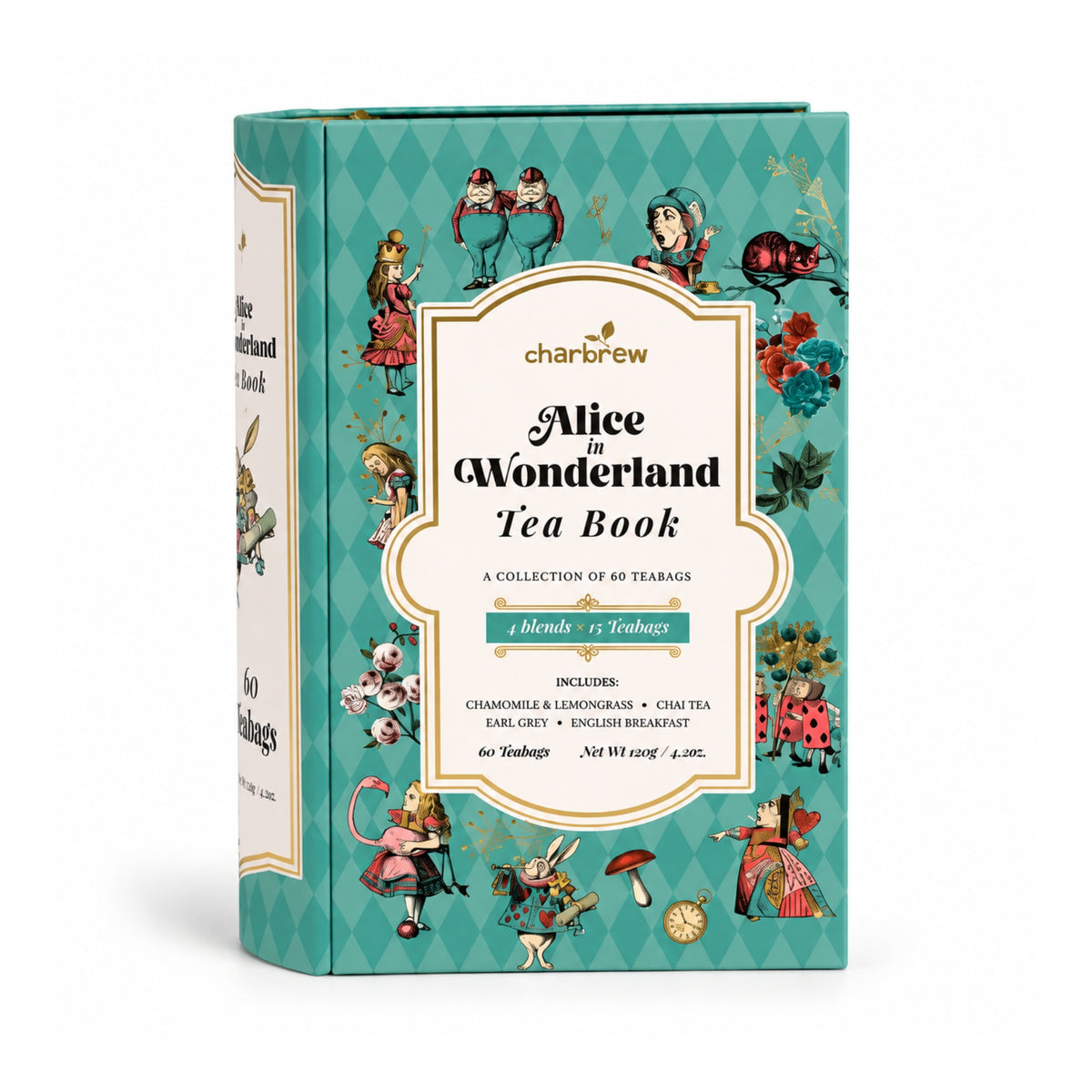 Front view of Charbrew Alice in Wonderland Tea Book Tin with 60 teabags across 4 assorted tea blends