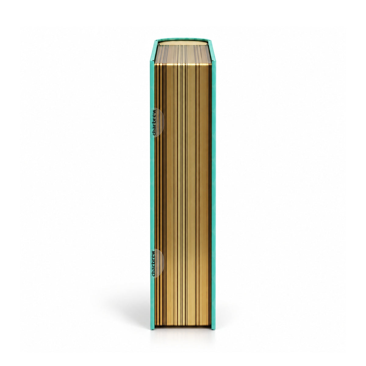 Page edge view of Charbrew Alice in Wonderland Tea Book Tin with gold book-style detailing