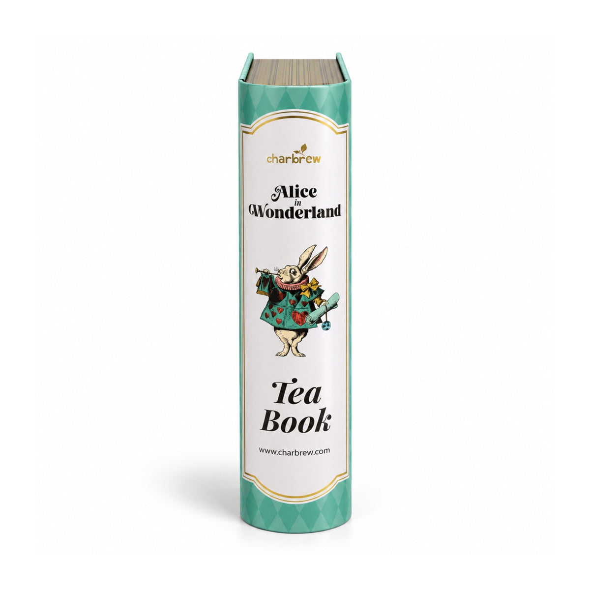 Side view of Charbrew Alice in Wonderland Tea Book Tin with White Rabbit illustration