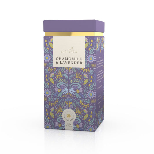 Front view of Charbrew Chamomile and Lavender Floral Wellness Tea Tin with 60 teabags