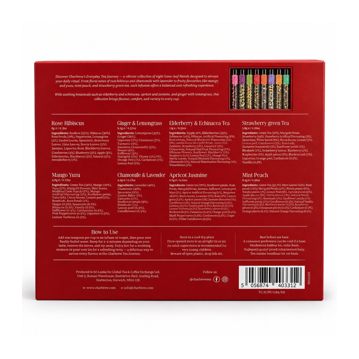 Back of Charbrew Everyday Loose Leaf Tea Journey Christmas Gift box showing ingredients, brewing instructions and product details for 8 assorted blends