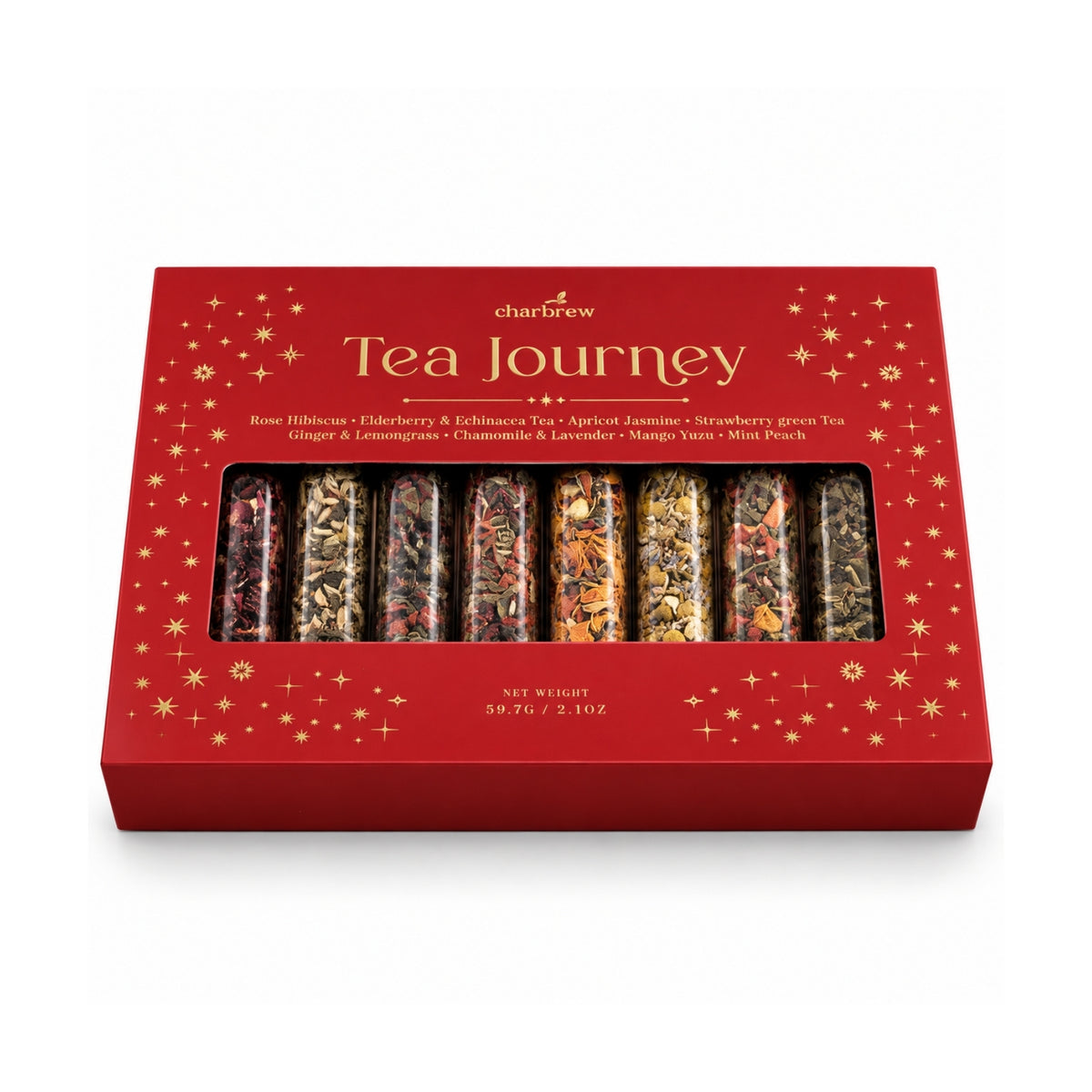 Charbrew Everyday Loose Leaf Tea Journey Christmas Gift laid flat, showing 8 assorted loose leaf tea blends
