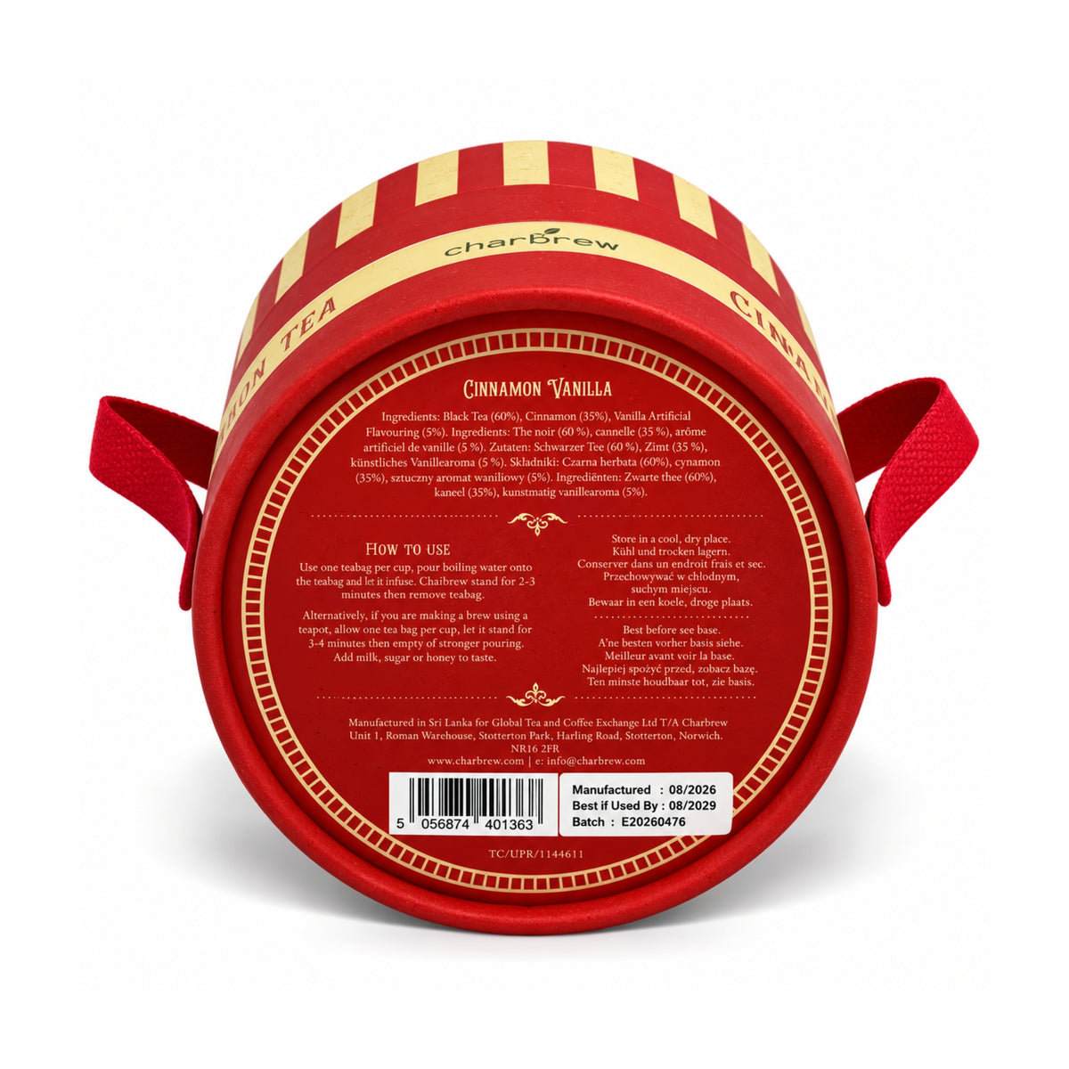 Bottom of Charbrew Cinnamon Vanilla Tea Box showing ingredients, brewing instructions, storage information and product details
