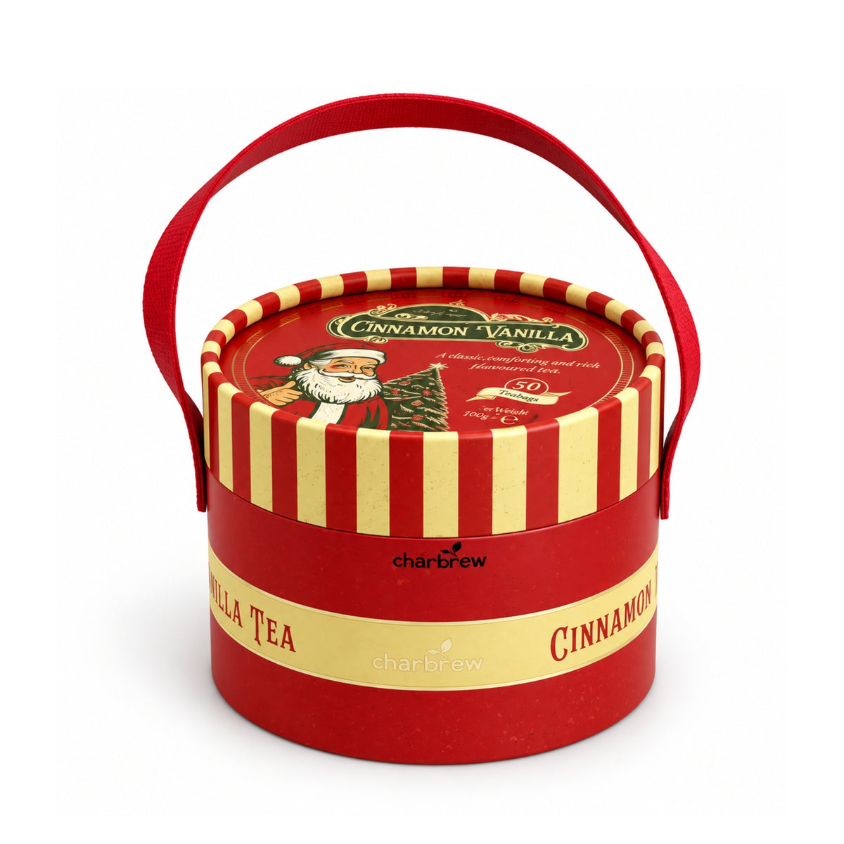 Front view of Charbrew Nostalgic Christmas Cinnamon Vanilla Tea Box with 50 teabags and red handle