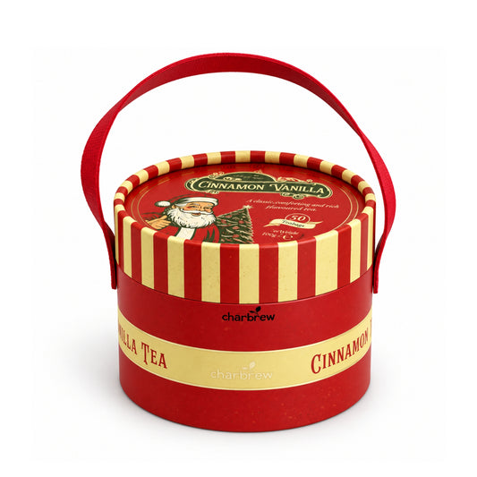 Front view of Charbrew Nostalgic Christmas Cinnamon Vanilla Tea Box with 50 teabags and red handle