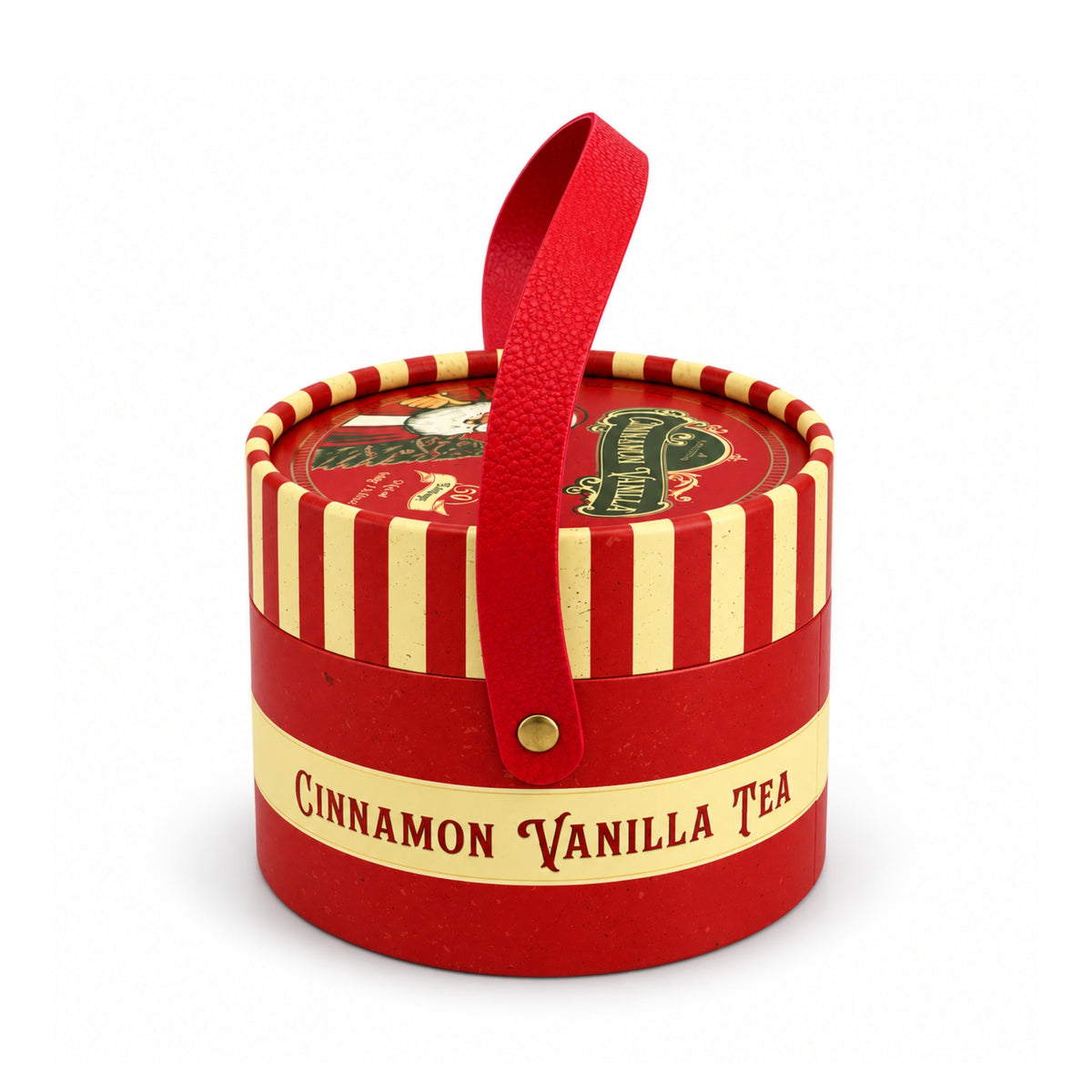 Back view of Charbrew Nostalgic Christmas Cinnamon Vanilla Tea Box with red and cream striped design and handle