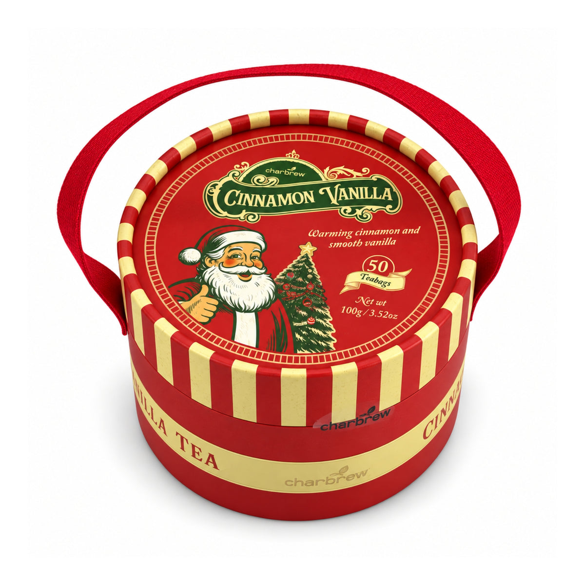 Top view of Charbrew Cinnamon Vanilla Tea Box showing festive Santa artwork, 50 teabags and Christmas design