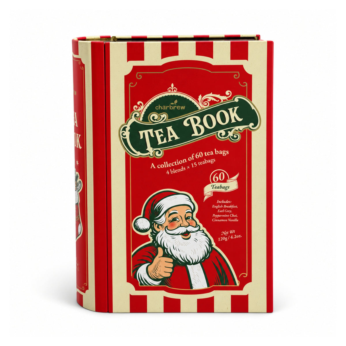 Front view of Charbrew Nostalgic Christmas Tea Book Tin with 60 teabags in festive book-style packaging