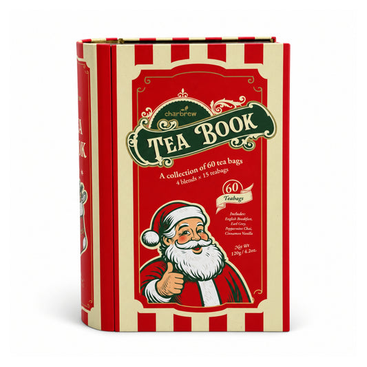 Front view of Charbrew Nostalgic Christmas Tea Book Tin with 60 teabags in festive book-style packaging