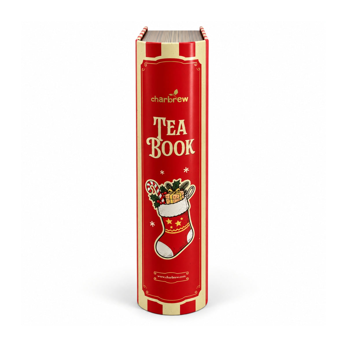 Side view of Charbrew Nostalgic Christmas Tea Book Tin with decorative festive book spine design