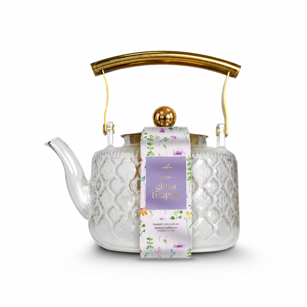 Patterned Borosilicate Glass Teapot With Gold Lid & Handle 1000ml