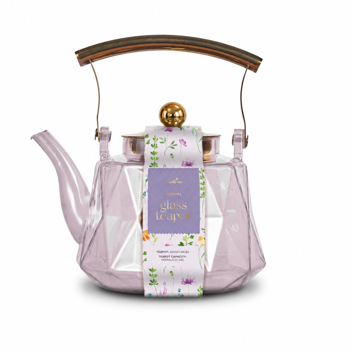 Patterned Borosilicate Pink Lustre Glass Teapot With Gold Lid & Handle 1000ml