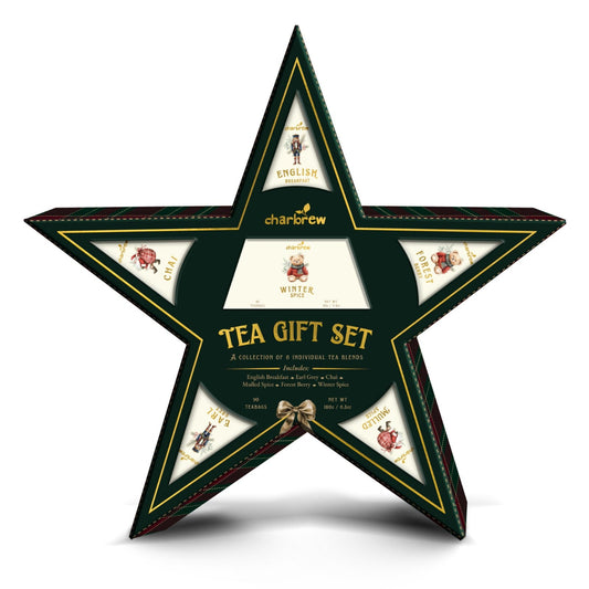 Front view of Charbrew Traditional Christmas Star Tea Gift Set with 90 teabags across 6 festive blends