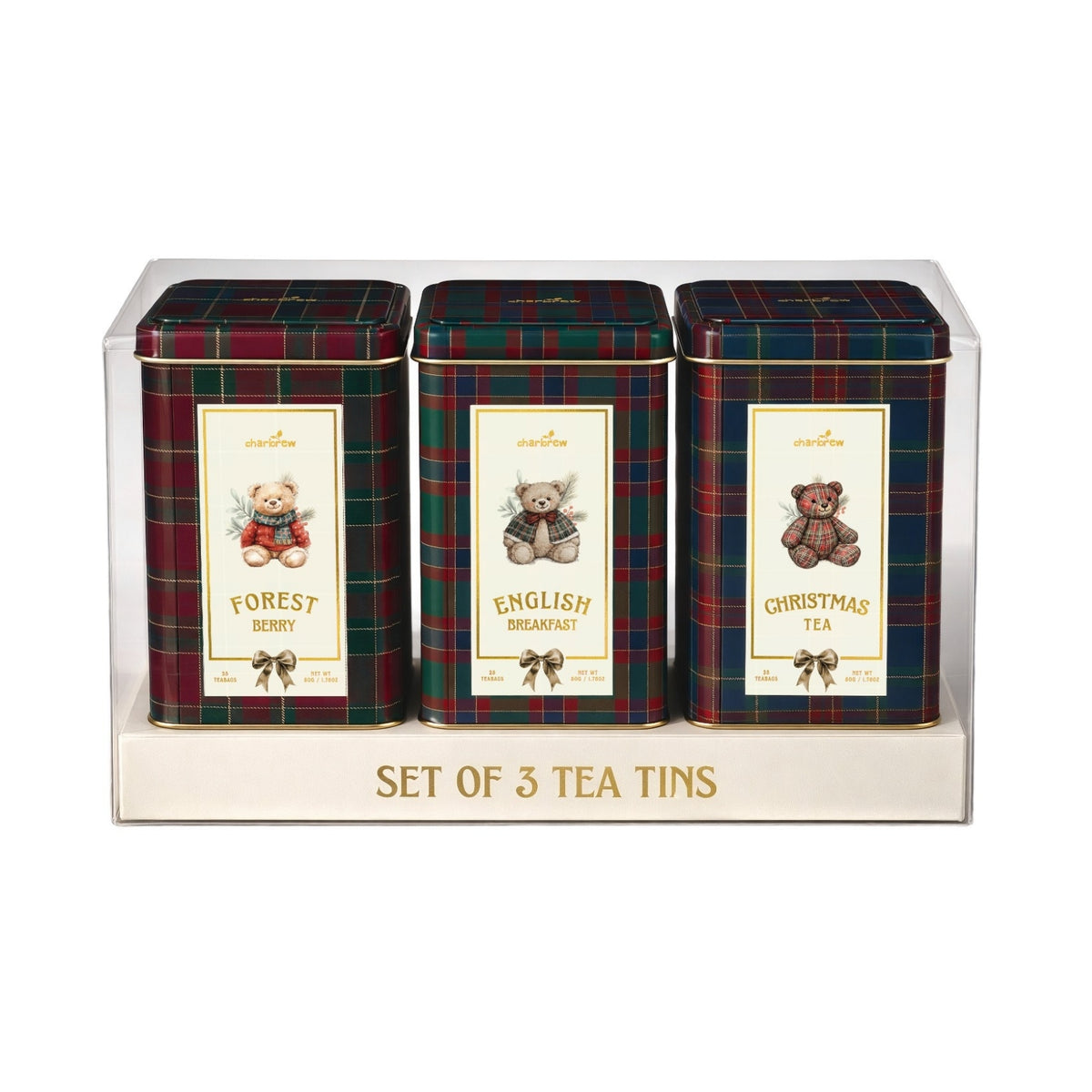 Front view of Charbrew Traditional Christmas Tea Tins Gift Set with 75 envelope teabags in festive tea tins